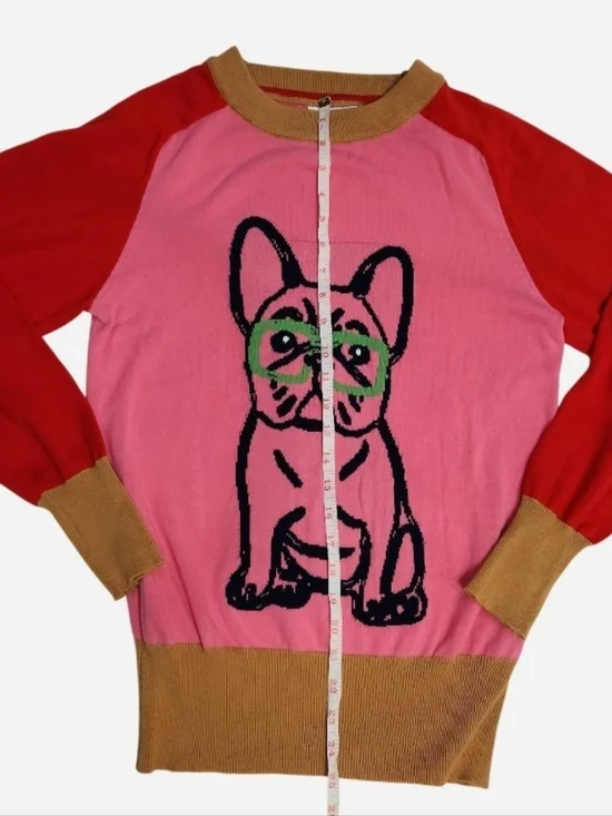 Oxknit French Bulldog Graphic Sweater Pink & Red Colorblock Medium - Picture 4 of 7